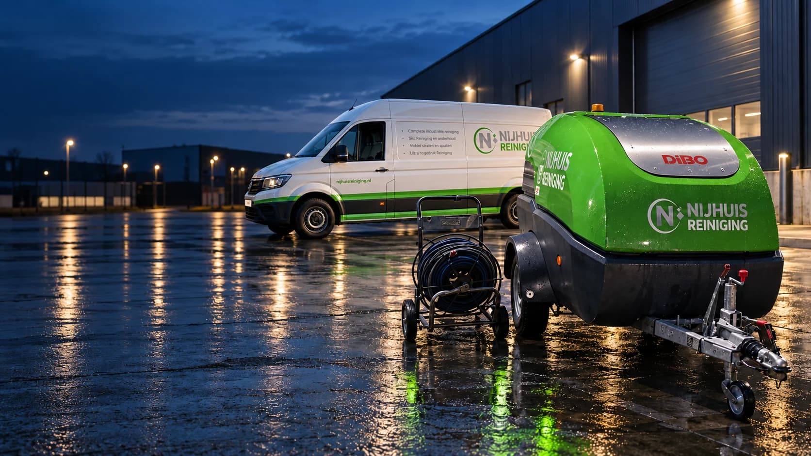 UHP-installatie en servicebus van Nijhuis Reiniging op een industriële locatie